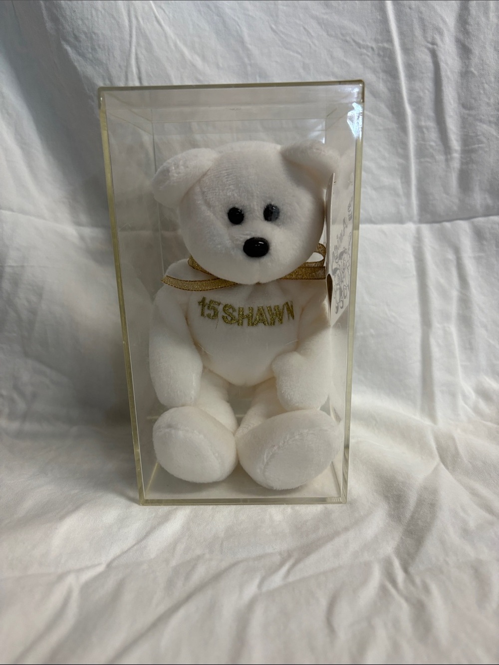 White Plush Teddy Bear with Gold Ribbon - Collectible Stuffed Animal